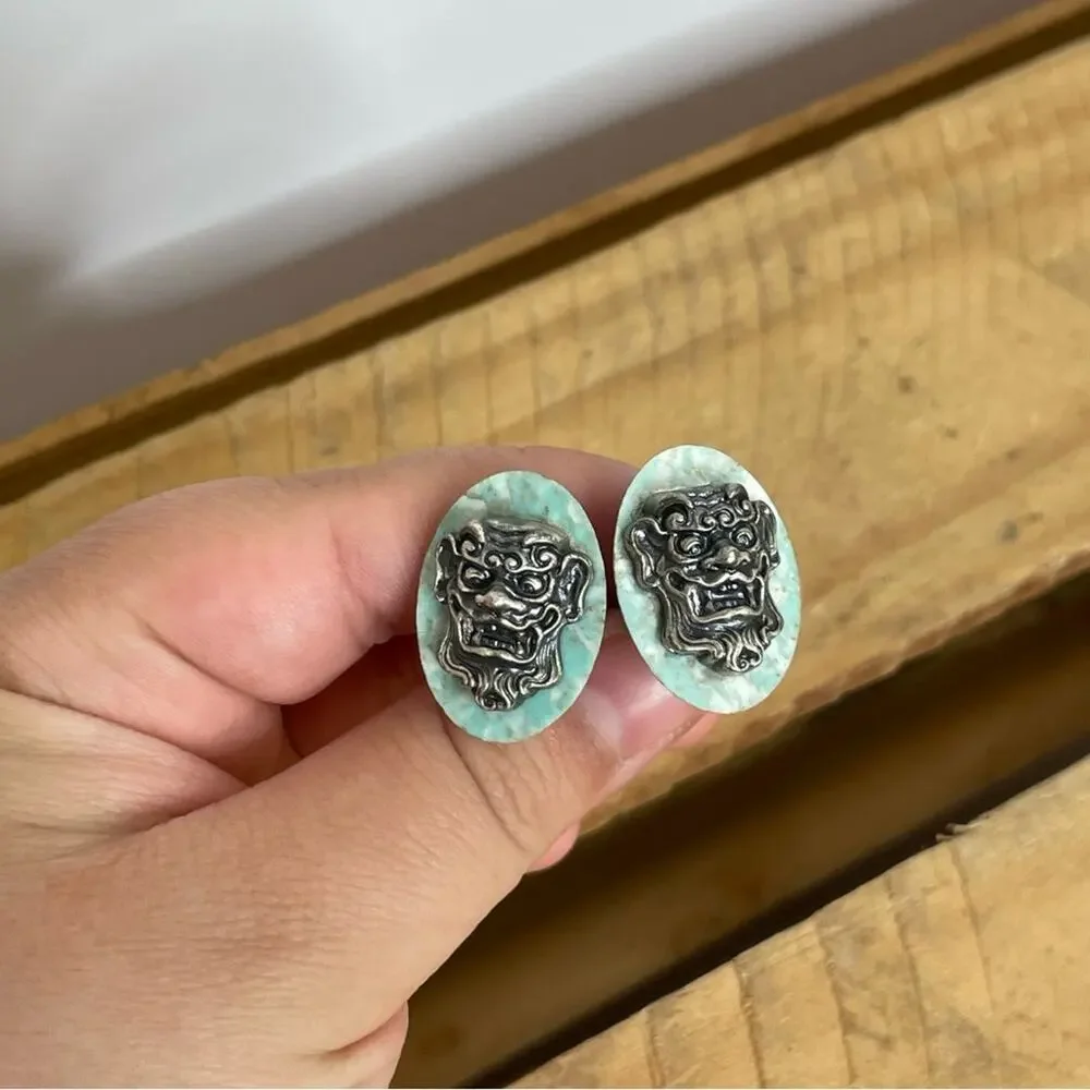 Hickok gargoyle oriental mask Bakelite silver tone cufflinks Made in USA